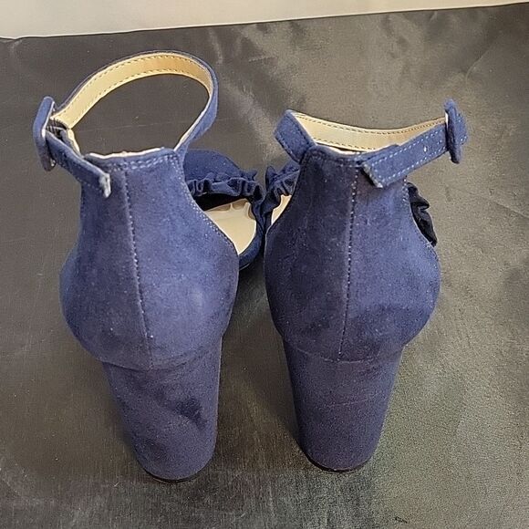 KAARI BLUE RUFFLE BLOCK HEEL OPEN TOE ADJUSTABLE BUCKLE ANKLE STRAP SANDAL - Picture 6 of 16